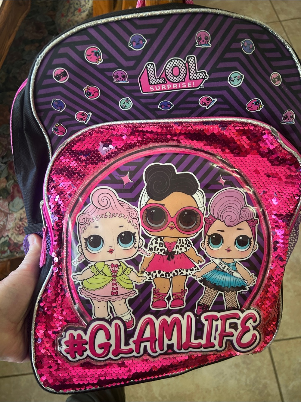 L.O.L. Surprise! Pink and Purple Sequin Kids Backpack - #GLAMLIFE One Flaw
